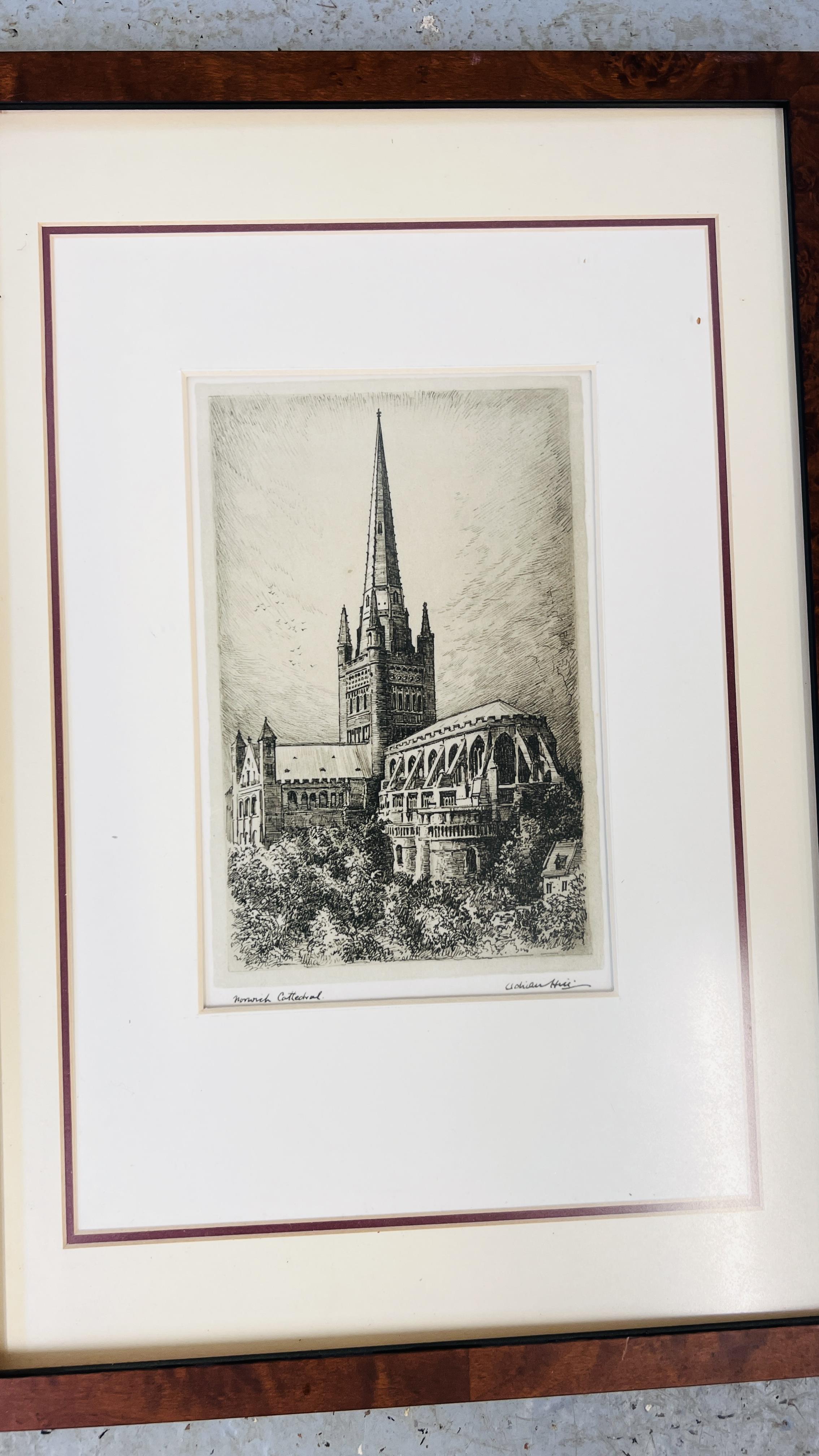 A GROUP OF NINE FRAMED ETCHINGS AND ENGRAVINGS TO INCLUDE NORWICH CATHEDRAL, ARCHITECTURAL ETC. - Image 2 of 11