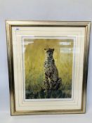 A LIMITED EDITION FRAMED PRINT OF A CHEETAH 344/675 SIGNED STEVEN TOWNSEND.