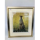 A LIMITED EDITION FRAMED PRINT OF A CHEETAH 344/675 SIGNED STEVEN TOWNSEND.