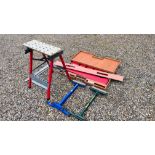 2 X RECORD ADJUSTABLE ROLLER STANDS, A FOLDING WORK BENCH, LARGE ALUMINIUM ANGLE BEVEL,