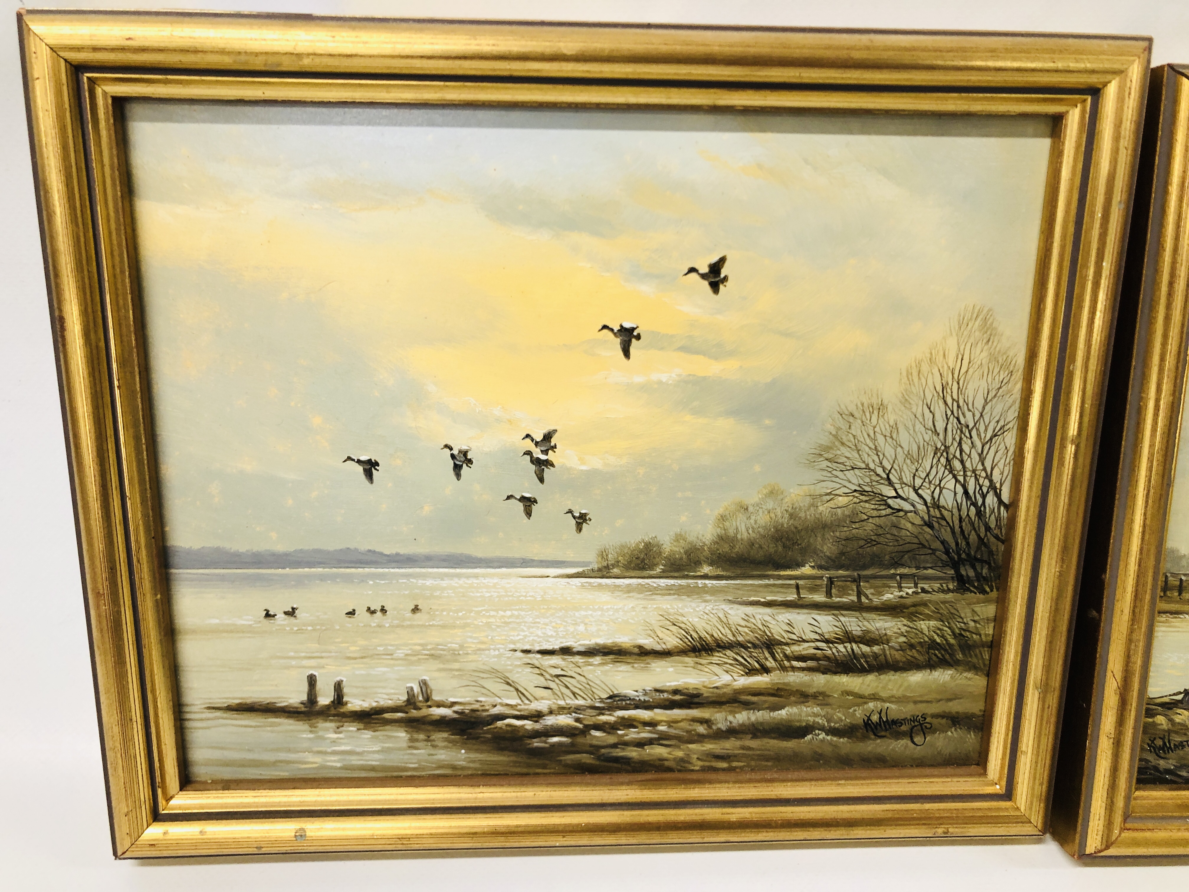 A FRAMED AND MOUNTED OIL ON BOARD "MALLARD OVER THE ORWELL" BEARING SIGNATURE K.W. HASTINGS, W 24. - Image 2 of 5