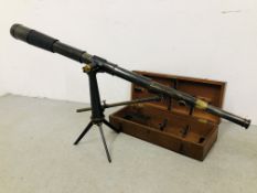 AN ANTIQUE CASED BRASS TELESCOPE WITH LEATHER BANDING PRODUCED BY J.H.