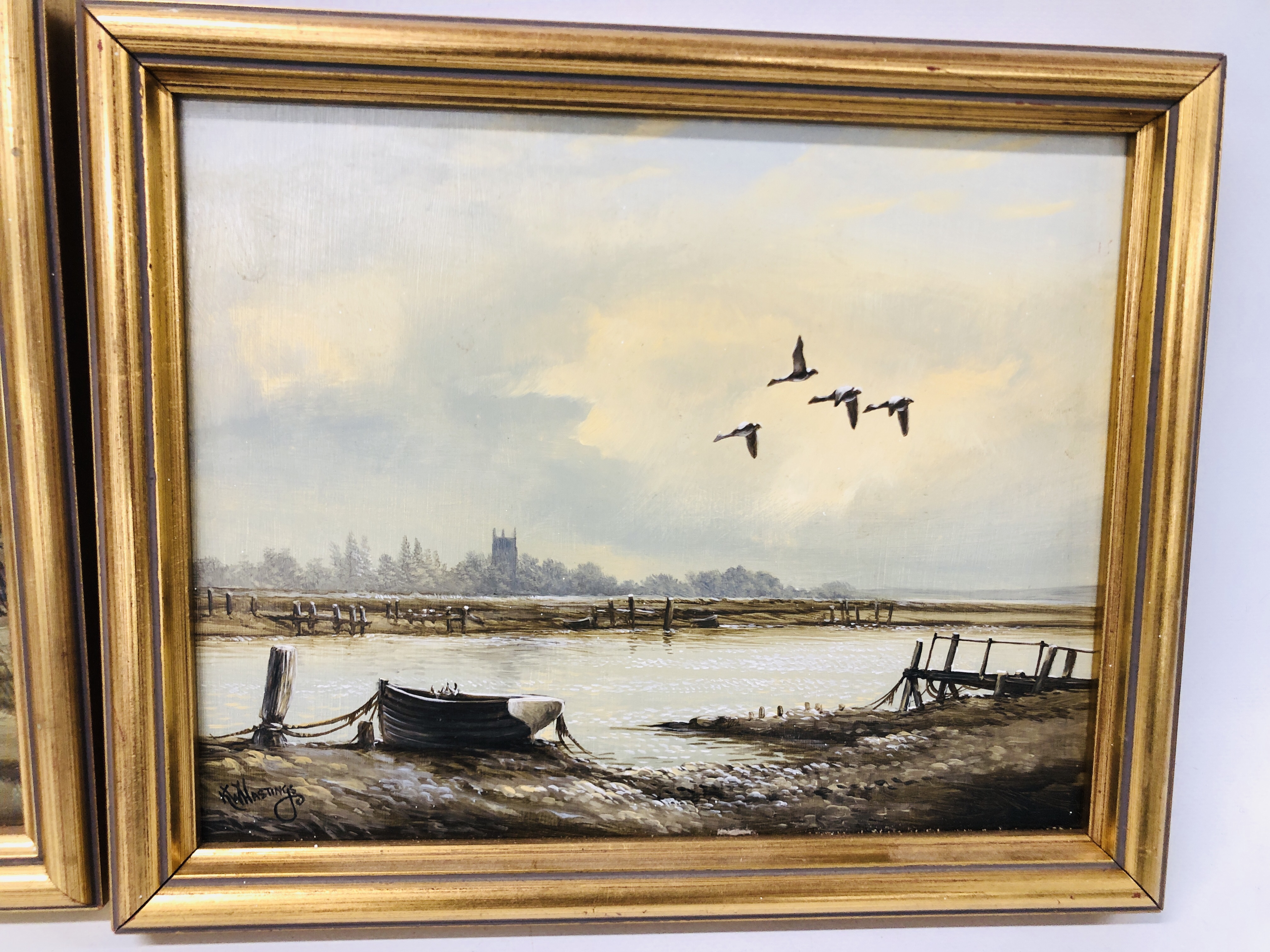 A FRAMED AND MOUNTED OIL ON BOARD "MALLARD OVER THE ORWELL" BEARING SIGNATURE K.W. HASTINGS, W 24. - Image 4 of 5