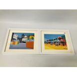 PAIR OF MODERN FRAMED PRINTS "WELLS BEACH HUTS" AND NORWICH MARKET BEARING PENCIL SIGNATURE REBECCA