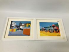 PAIR OF MODERN FRAMED PRINTS "WELLS BEACH HUTS" AND NORWICH MARKET BEARING PENCIL SIGNATURE REBECCA