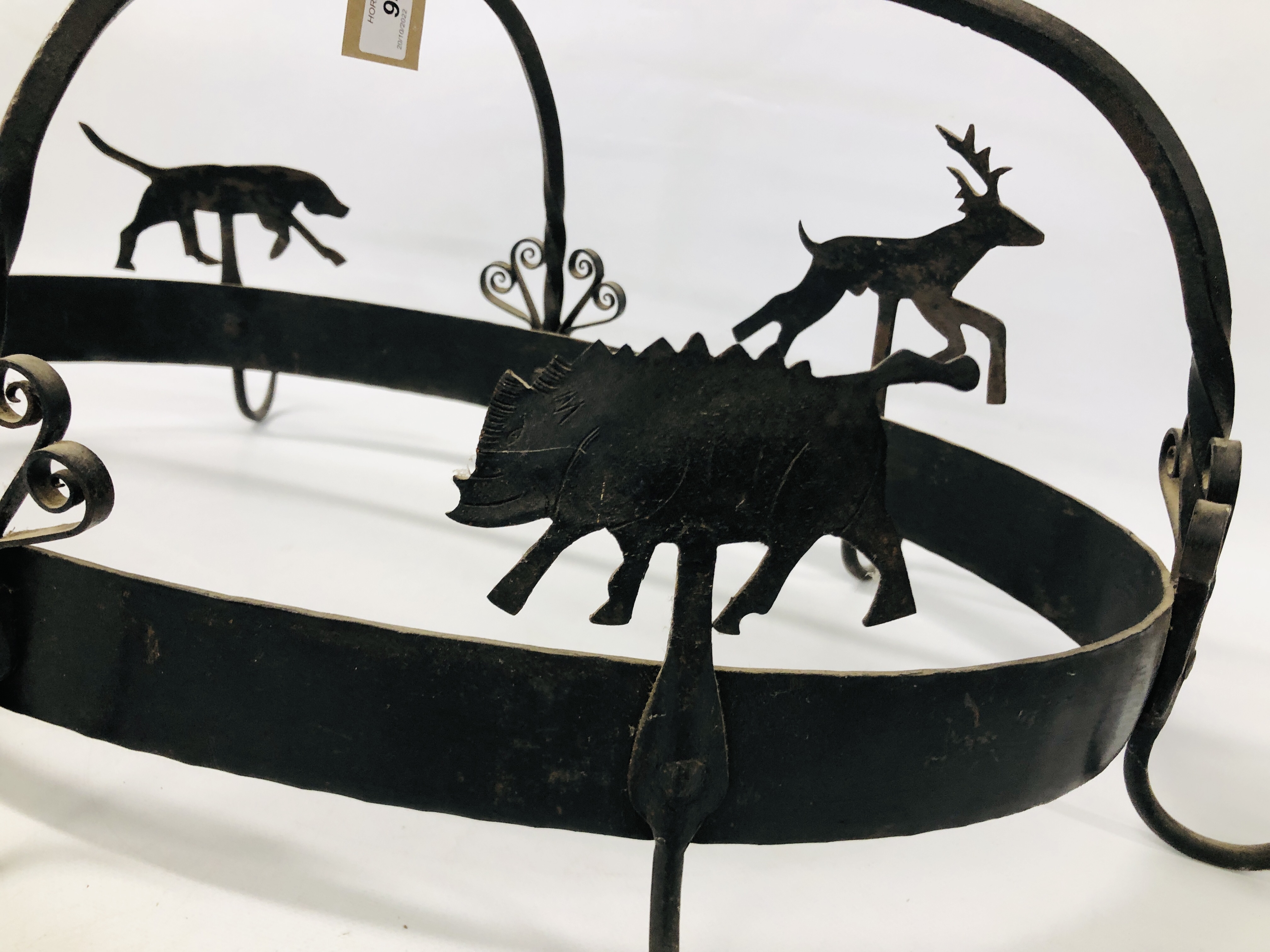 A WROUGHT METAL HANGING MEAT HOOK DECORATED WITH DEER, DOGS AND BOAR. - Image 5 of 5