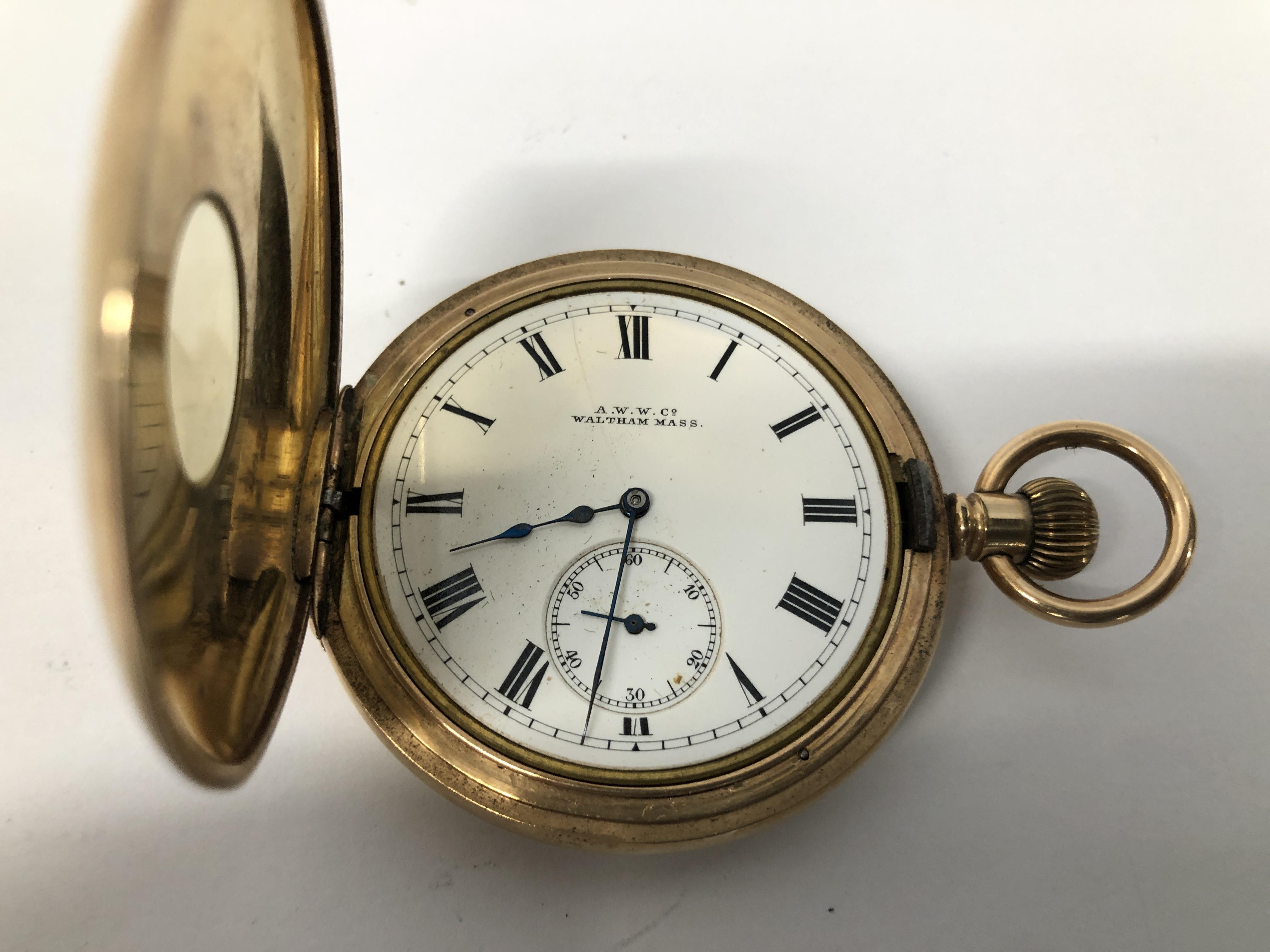 A VINTAGE GOLD PLATED "WALTHAM MASS" POCKET WATCH WITH ENAMELLED DIAL - Image 5 of 8