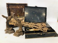 TWO VINTAGE ARTISTS BOXES AND CONTENTS, PAIR OF VINTAGE CAST BRACKETS AND A PAIR OF ANDIRONS.