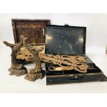 TWO VINTAGE ARTISTS BOXES AND CONTENTS, PAIR OF VINTAGE CAST BRACKETS AND A PAIR OF ANDIRONS.