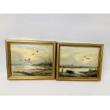 A FRAMED AND MOUNTED OIL ON BOARD "MALLARD OVER THE ORWELL" BEARING SIGNATURE K.W. HASTINGS, W 24.