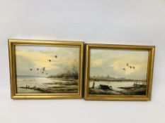 A FRAMED AND MOUNTED OIL ON BOARD "MALLARD OVER THE ORWELL" BEARING SIGNATURE K.W. HASTINGS, W 24.