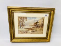 A FRAMED AND MOUNTED "AUTUMN ON LOCH" WATERCOLOUR BEARING SIGNATURE TOM CAMPBELL, W 26.5CM X H 18.