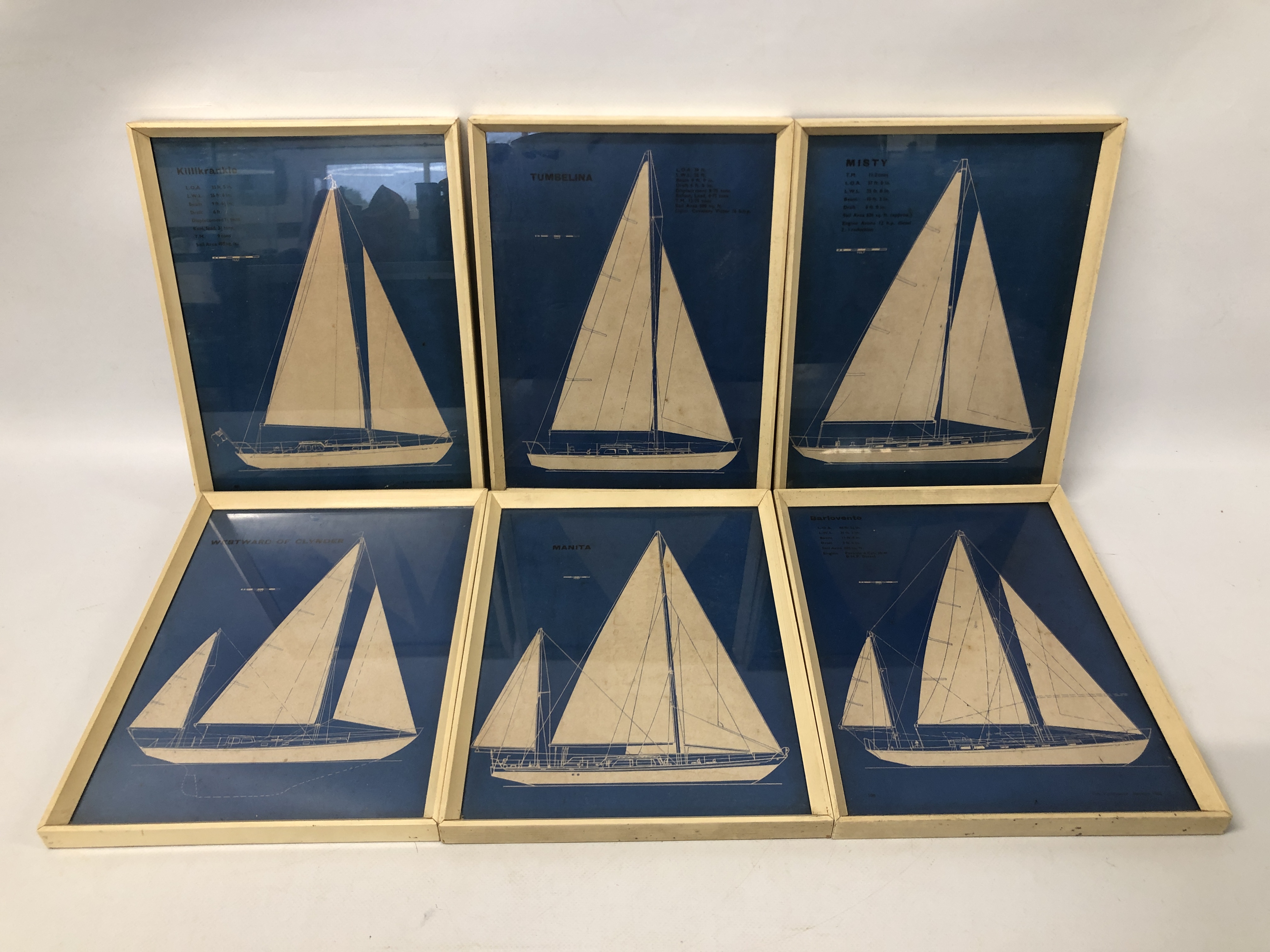 VINTAGE 6 X SET OF WHITE FRAMED PRINTS OF YACHTS APPROX 23 X 30 EACH.