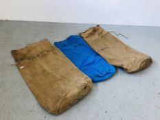 2 X VINTAGE ARMY HEAVY CANVAS KIT BAGS APPROX 100 X 40 AND 1 X VINTAGE HEAVY CANVAS DOCUMENT BAG