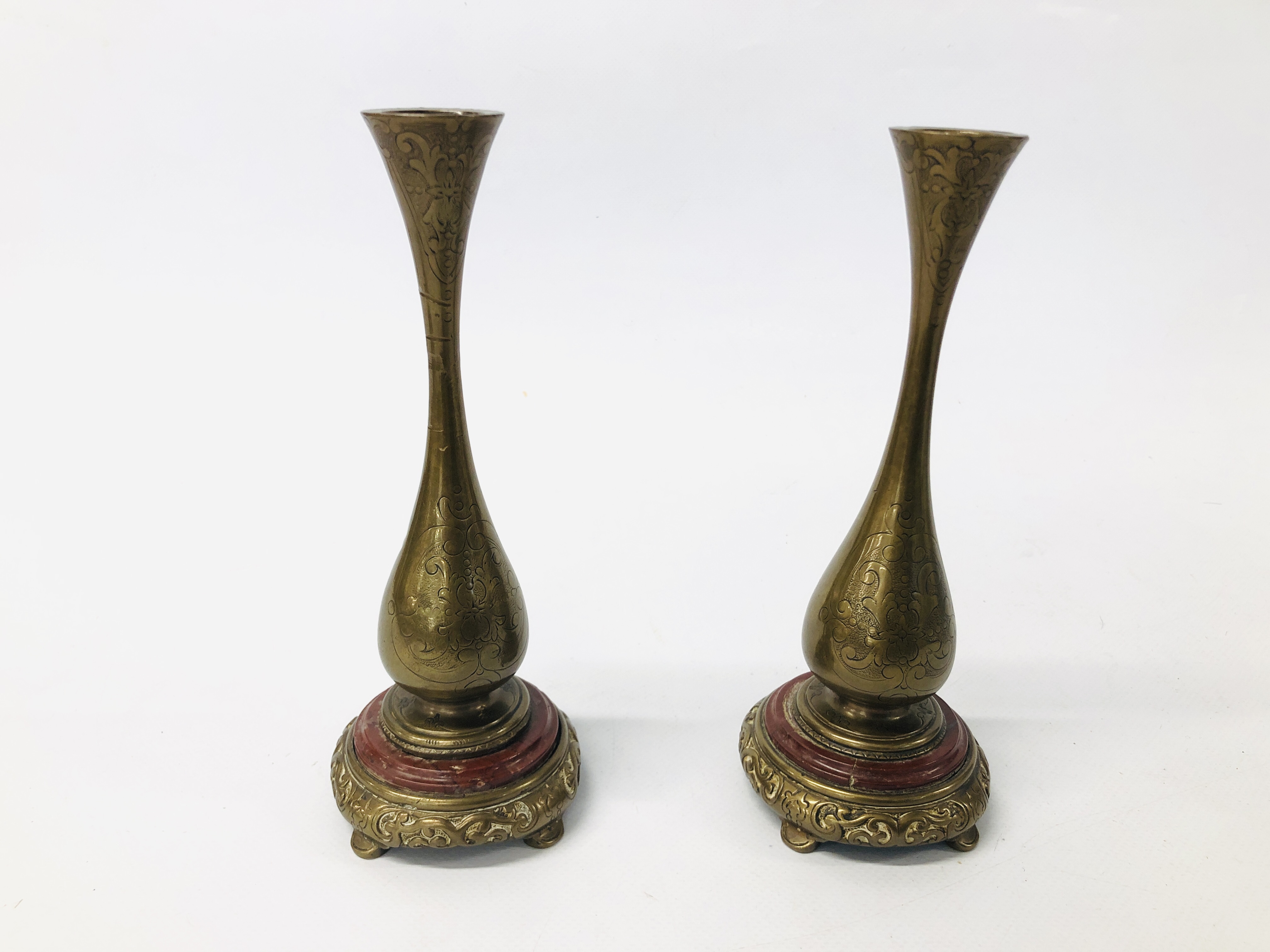 PAIR ANTIQUE VICTORIAN BRONZE AND MARBLE CANDLESTICKS WITH ENGRAVED DECORATION TOGETHER WITH - Image 8 of 10