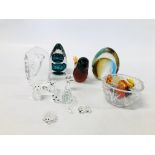TWO WEDGWOOD ART GLASS PAPERWEIGHTS AND ONE OTHER ALONG WITH VARIOUS CRYSTAL MINIATURE ANIMALS TO