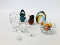 TWO WEDGWOOD ART GLASS PAPERWEIGHTS AND ONE OTHER ALONG WITH VARIOUS CRYSTAL MINIATURE ANIMALS TO