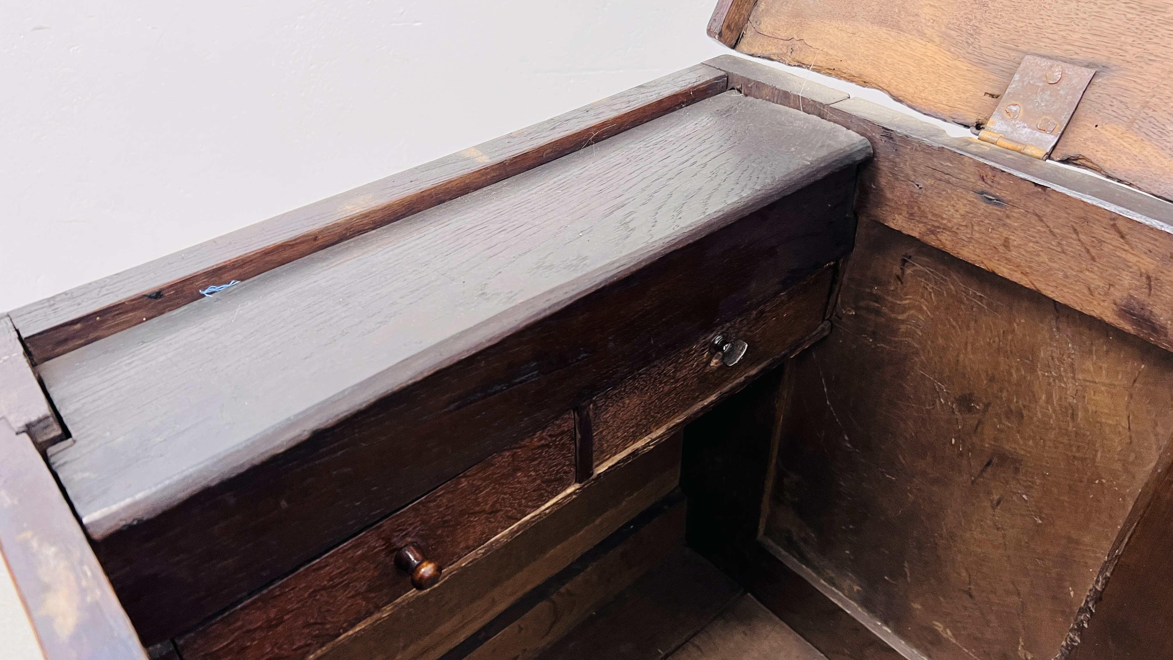 AN EARLY OAK COFFER, THE INTERIOR WITH CANDLE BOX AND TWO SMALL DRAWERS - W 127CM. D 54CM. H 75CM. - Image 10 of 25