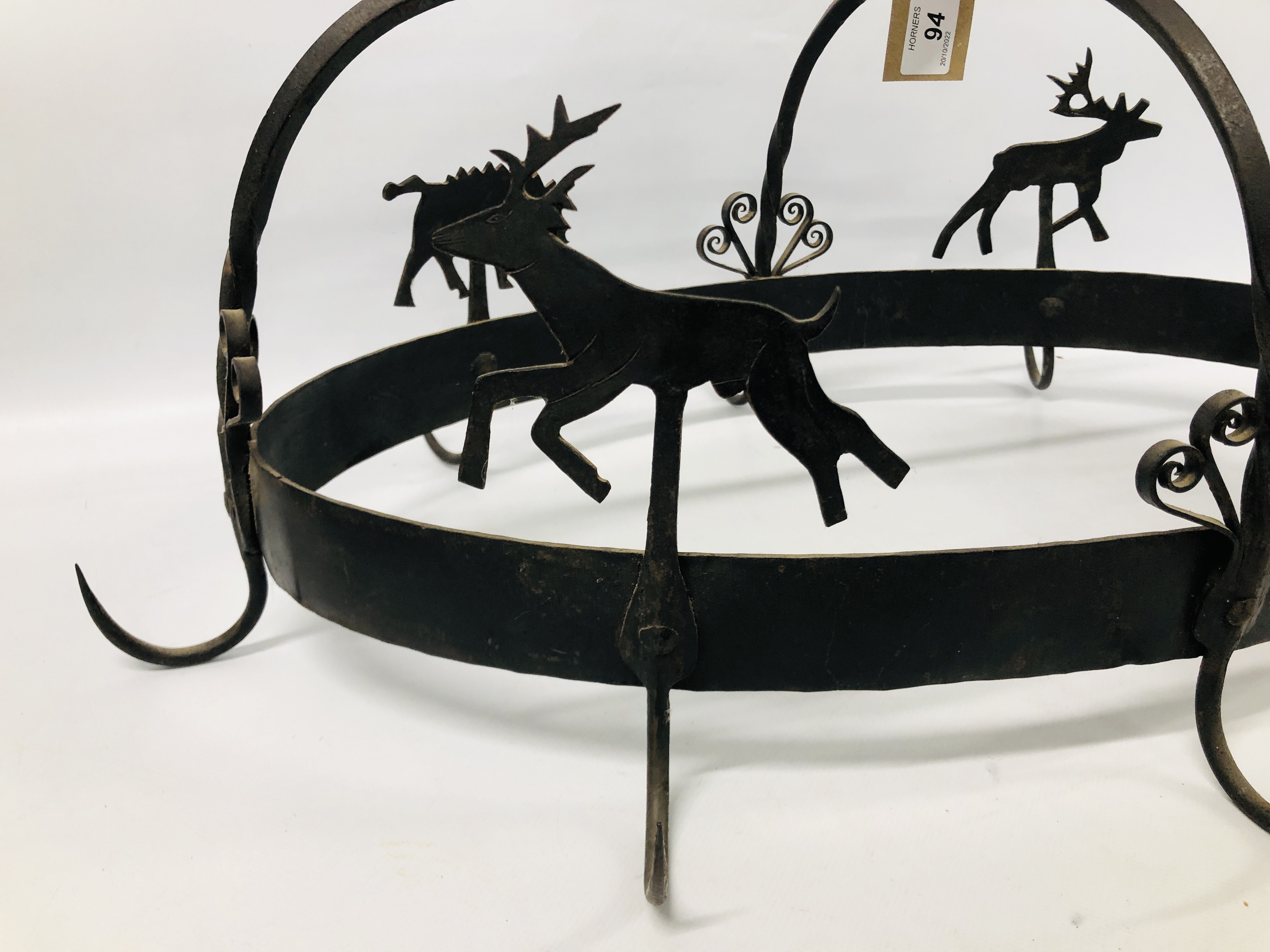A WROUGHT METAL HANGING MEAT HOOK DECORATED WITH DEER, DOGS AND BOAR. - Image 3 of 5