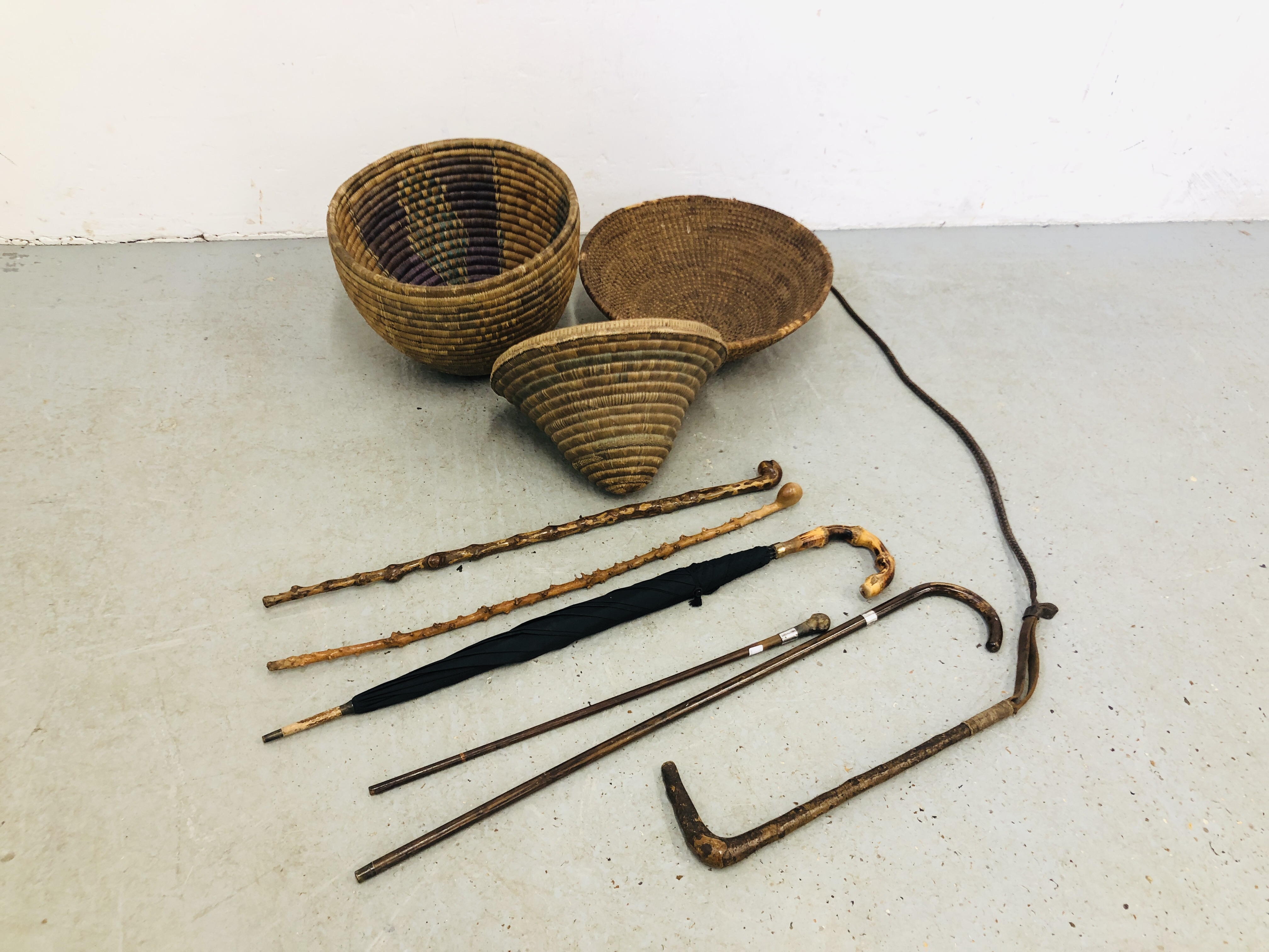 VINTAGE WICKER / SEAGRASS SNAKES BASKET AND ONE OTHER ALONG WITH 4 VINTAGE WALKING CANES,