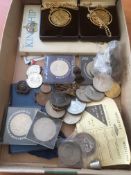 SMALL BOX MIXED COINS, CROWNS WITH TWO PLATED IN GOLD ON CHAINS, NORFOLK REGIMENT COLLAR BADGE ETC.