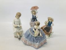 THREE LLADRO FIGURES TO INCLUDE LADY WITH A PARASOL, YOUNG GIRL AND FLOWER BASKET,