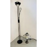 A MODERN BLACK FINISHED UPLIGHTER AND READING LIGHT ALONG WITH SMALLER TIFFANY STYLE TABLE LAMP A/F