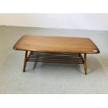 MID CENTURY ERCOL GOLDEN DAWN RECTANGLE COFFEE TABLE WITH SHELF BELOW L 105CM, D 46CM, H 36CM.