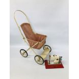 A 1950's CHILD'S PRAM (NOT FOR USE, FOR DECORATIVE PURPOSES ONLY) ALONG WITH MINIATURE COMET E.M.