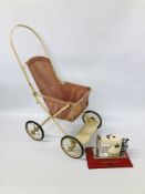 A 1950's CHILD'S PRAM (NOT FOR USE, FOR DECORATIVE PURPOSES ONLY) ALONG WITH MINIATURE COMET E.M.