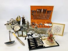 BOX OF COLLECTIBLES TO INCLUDE SILVER PLATED WARE TO INCLUDE CUTLERY, PAIR OF MINIATURE PICTURE,
