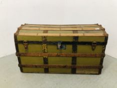 VINTAGE CANVAS COVERED DOMED TOP TRUNK APPROX 92 X 46 X 50.