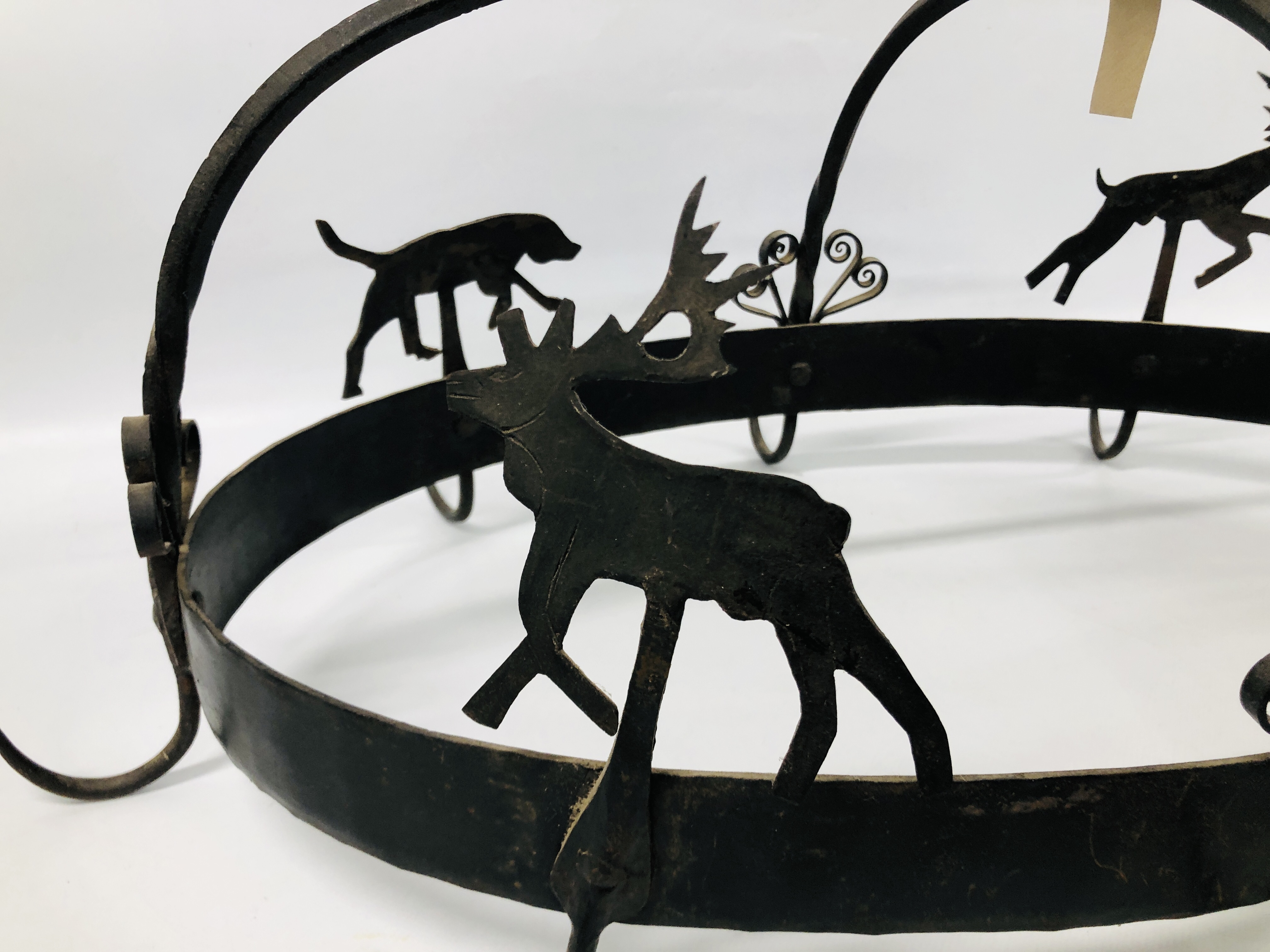 A WROUGHT METAL HANGING MEAT HOOK DECORATED WITH DEER, DOGS AND BOAR. - Image 4 of 5