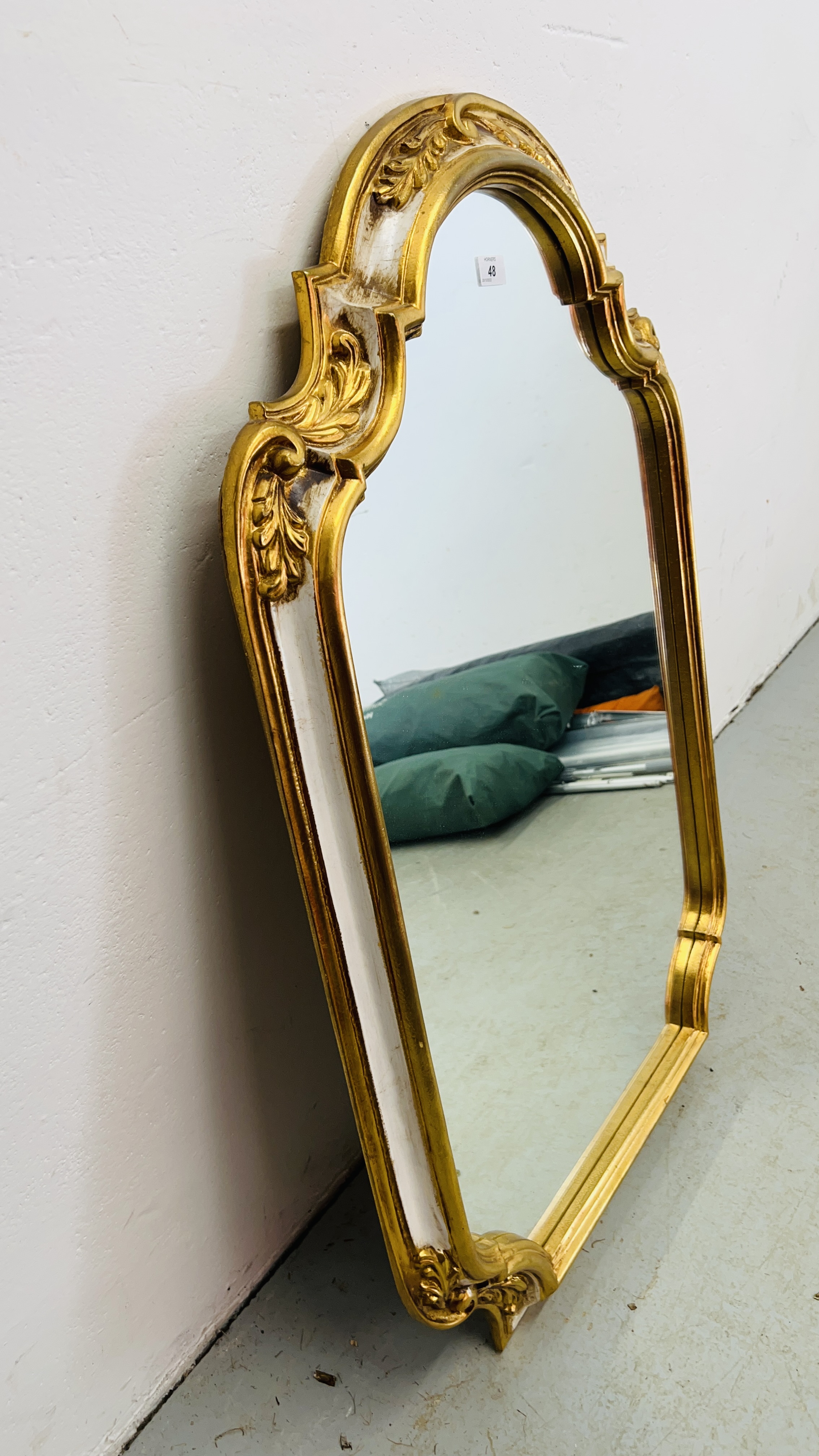 ORNATE SHAPED WALL MIRROR IN GILT DECORATED FRAMEWORK - HEIGHT 100CM. WIDTH 66CM. - Image 4 of 5