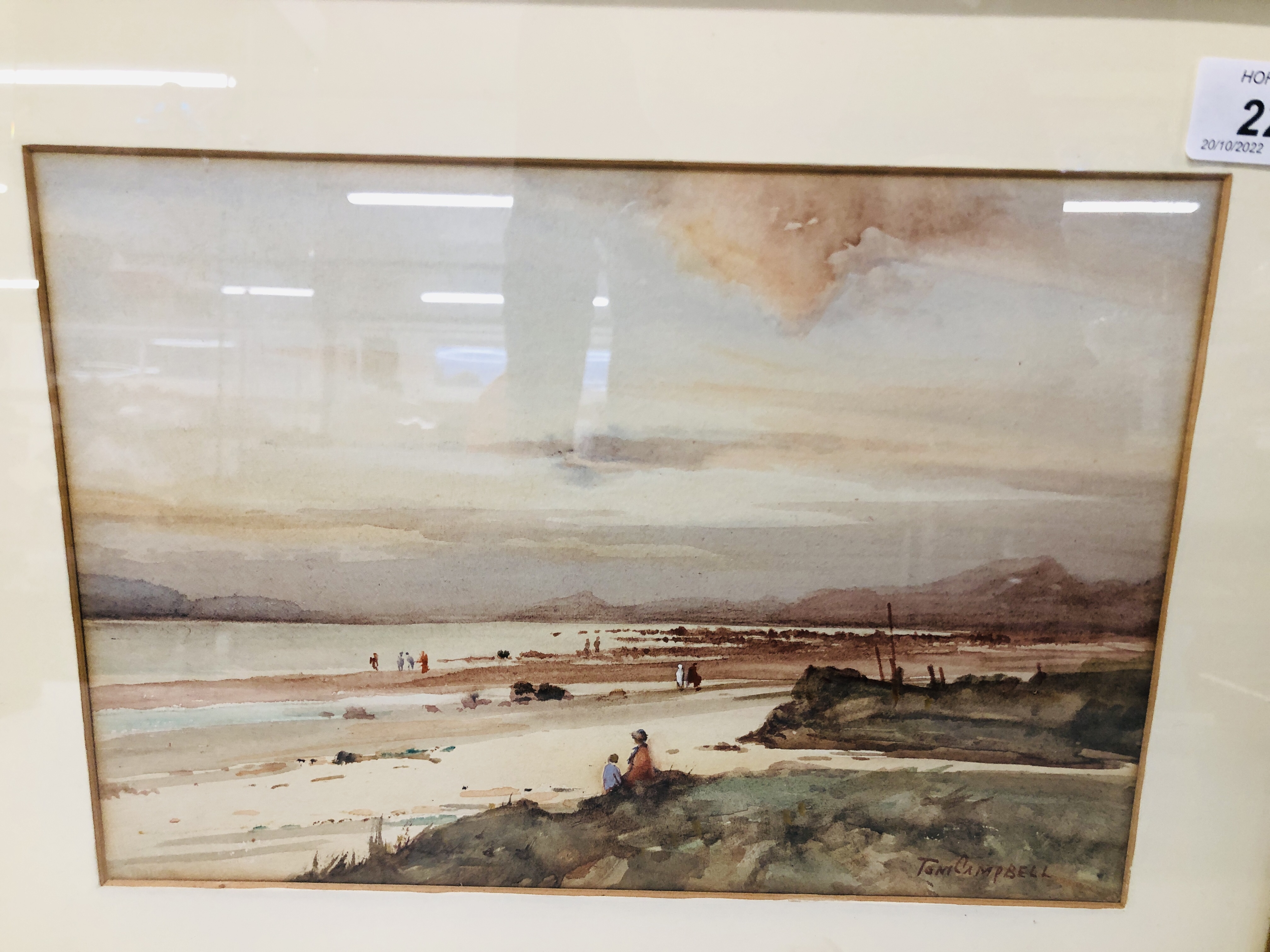 A FRAMED AND MOUNTED "SUNSET ON AYRSHIRE COAST" WATERCOLOUR BEARING SIGNATURE TOM CAMPBELL, W 26. - Image 2 of 3