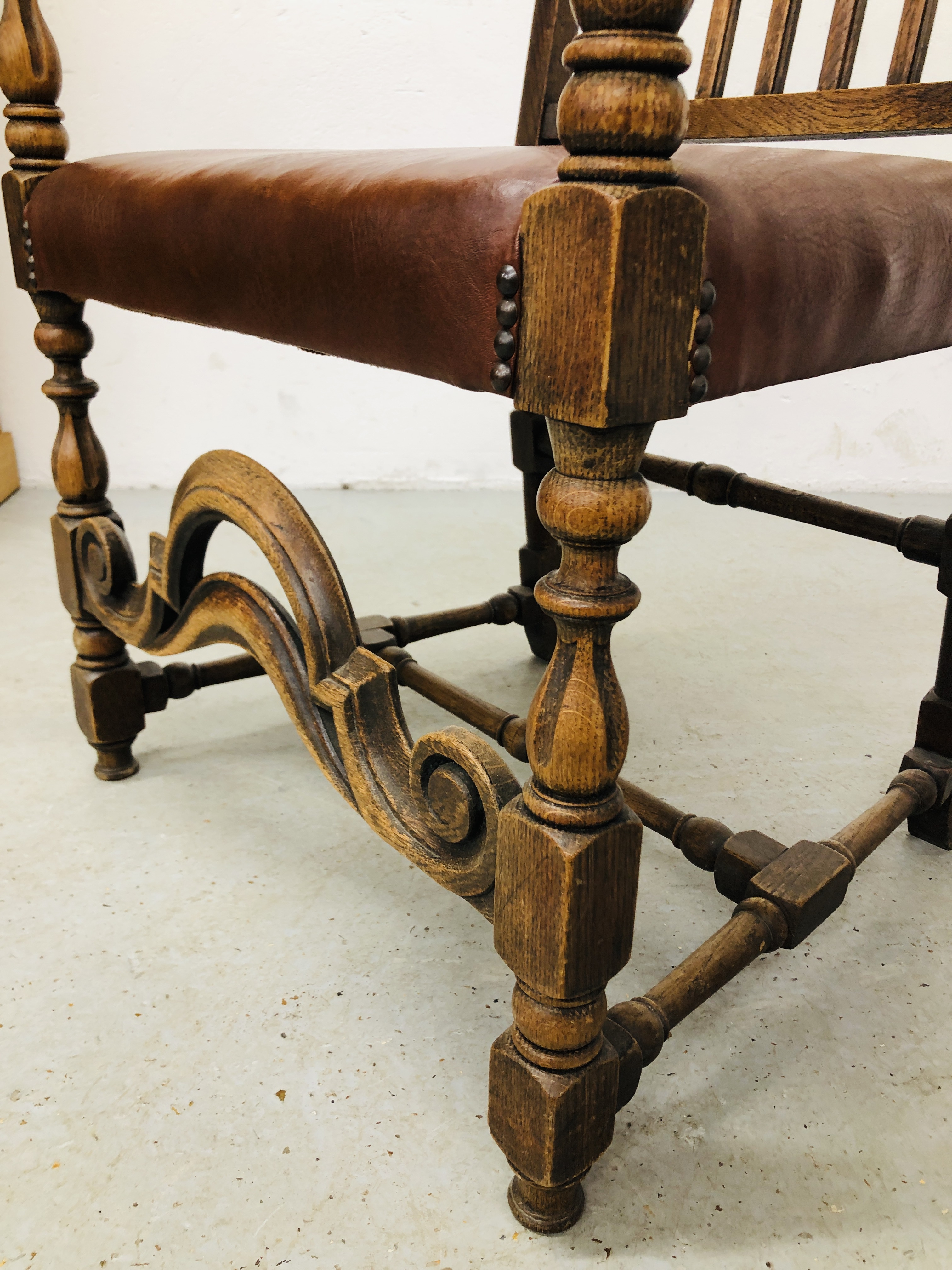 PAIR OF OAK FRAMED STRUNG BACK ELBOW CHAIRS WITH TANNED LEATHERETTE SEATS. - Image 4 of 6