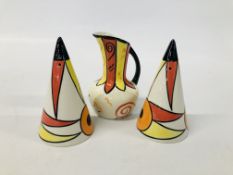 A 21st COLLECTORS EDITION MILK JUG AND SALT AND PEPPER SHAKERS SIGNED BY LORNA BAILEY, H 9CM.