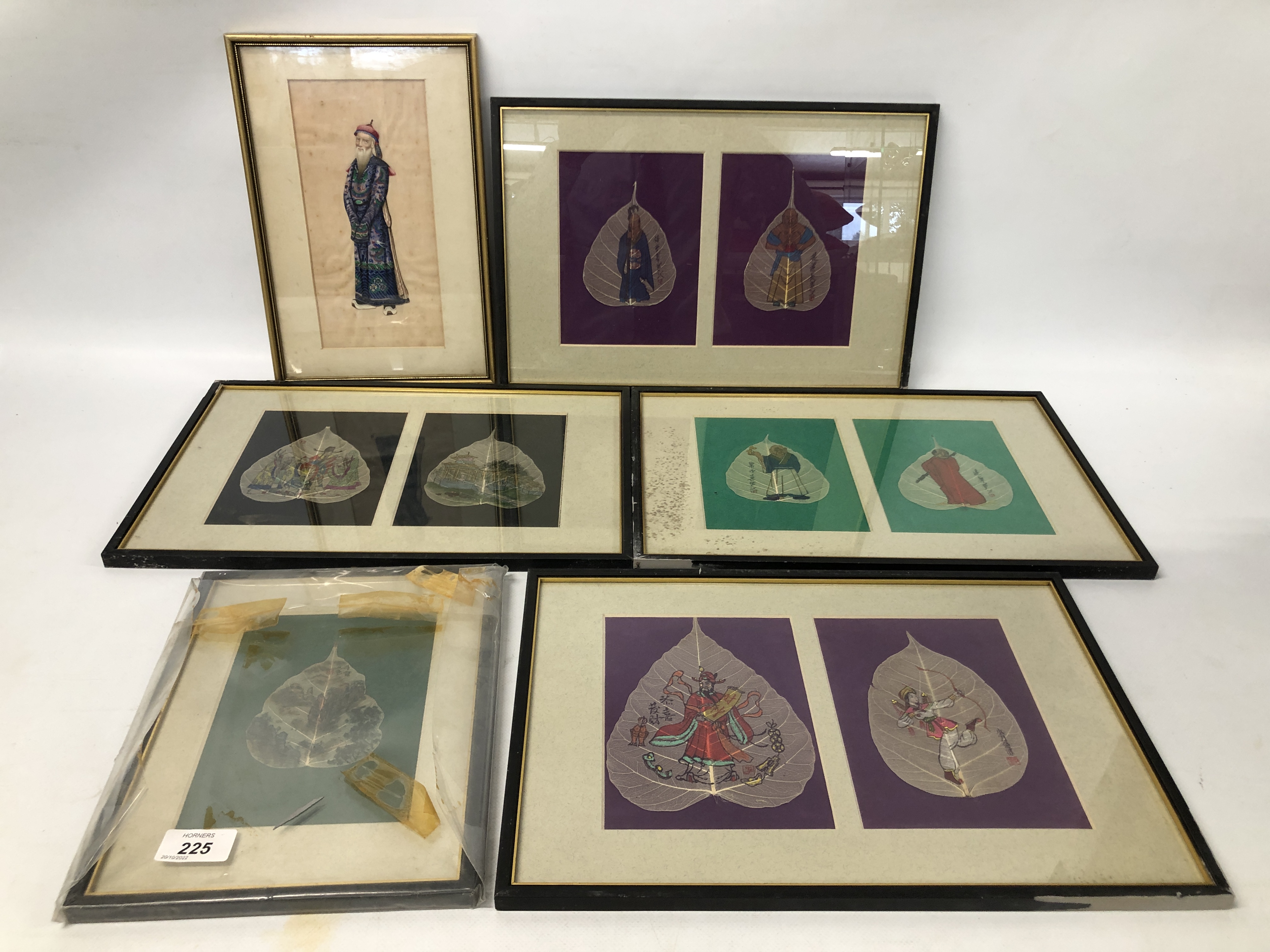 COLLECTION OF FRAMED HANDPAINTED LEAVES NINE IN TOTAL "LIU RONG TEMPLE" ALONG WITH A FRAMED