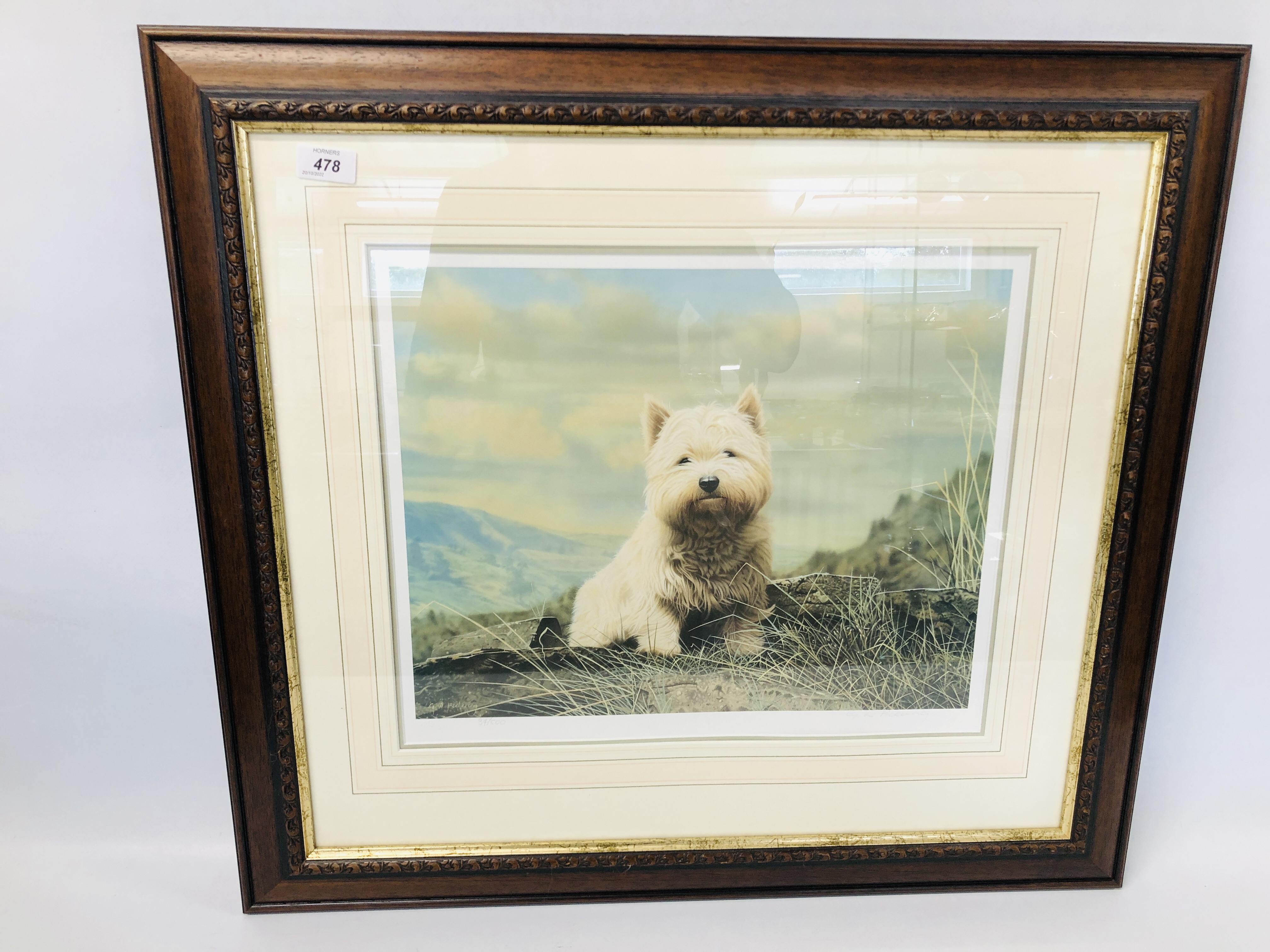 A LIMITED EDITION FRAMED PRINT OF A WEST HIGHLAND TERRIER 34/500 SIGNED G.W. PICKERING.