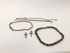QUANTITY OF 9CT GOLD TO INCLUDE TWO BRACELETS (SAFETY CHAIN A/F) TWO GOLD CROSSES,