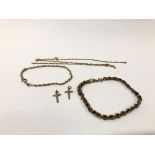 QUANTITY OF 9CT GOLD TO INCLUDE TWO BRACELETS (SAFETY CHAIN A/F) TWO GOLD CROSSES,