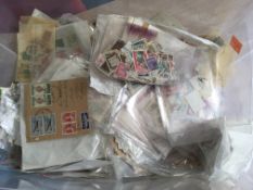 LARGE PLASTIC TUB ALL WORLD STAMPS I N PACKETS, ENVELOPES AND LOOSE,