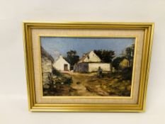 A FRAMED AND MOUNTED OIL ON BOARD "FARM YARD" BEARING SIGNATURE "CARRIER", W 31CM X H 20.5CM.