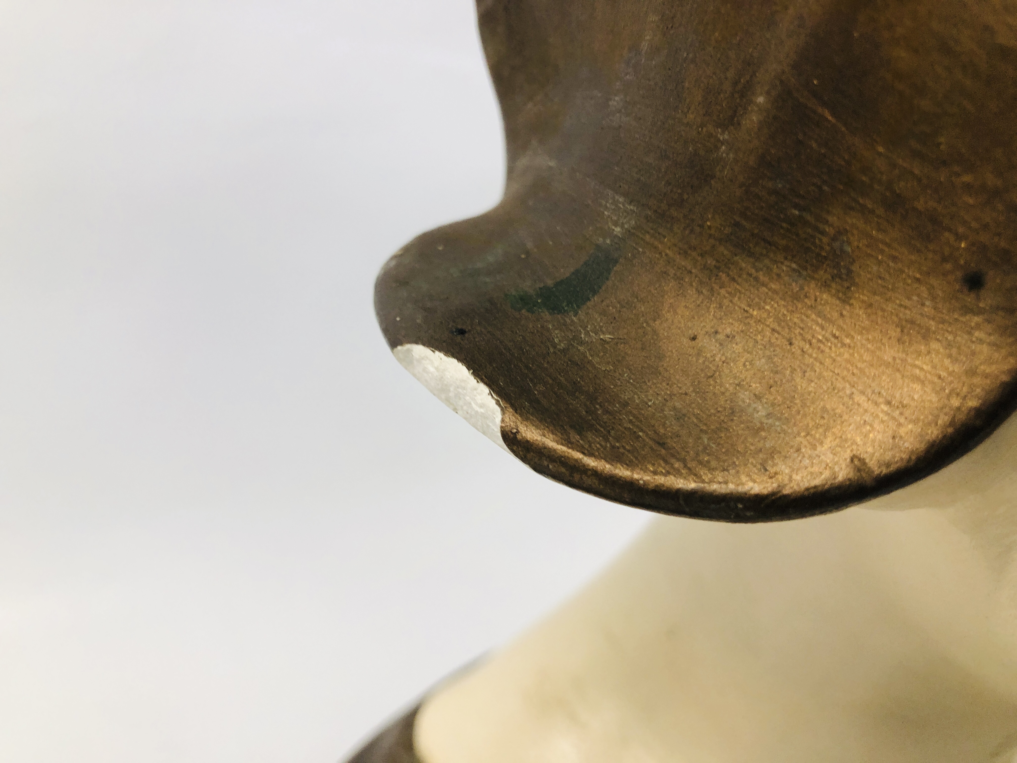 AN ART NOUVEAU POLYCHROME PLASTER BUST BEARING INDISTINCT MAKERS MARK, H 36CM (A/F). - Image 3 of 7