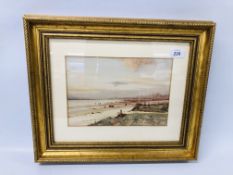 A FRAMED AND MOUNTED "SUNSET ON AYRSHIRE COAST" WATERCOLOUR BEARING SIGNATURE TOM CAMPBELL, W 26.