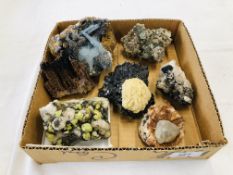 A COLLECTION OF APPROX 6 CRYSTAL AND MINERAL ROCK EXAMPLES TO INCLUDE ETTRINGITE ETC.