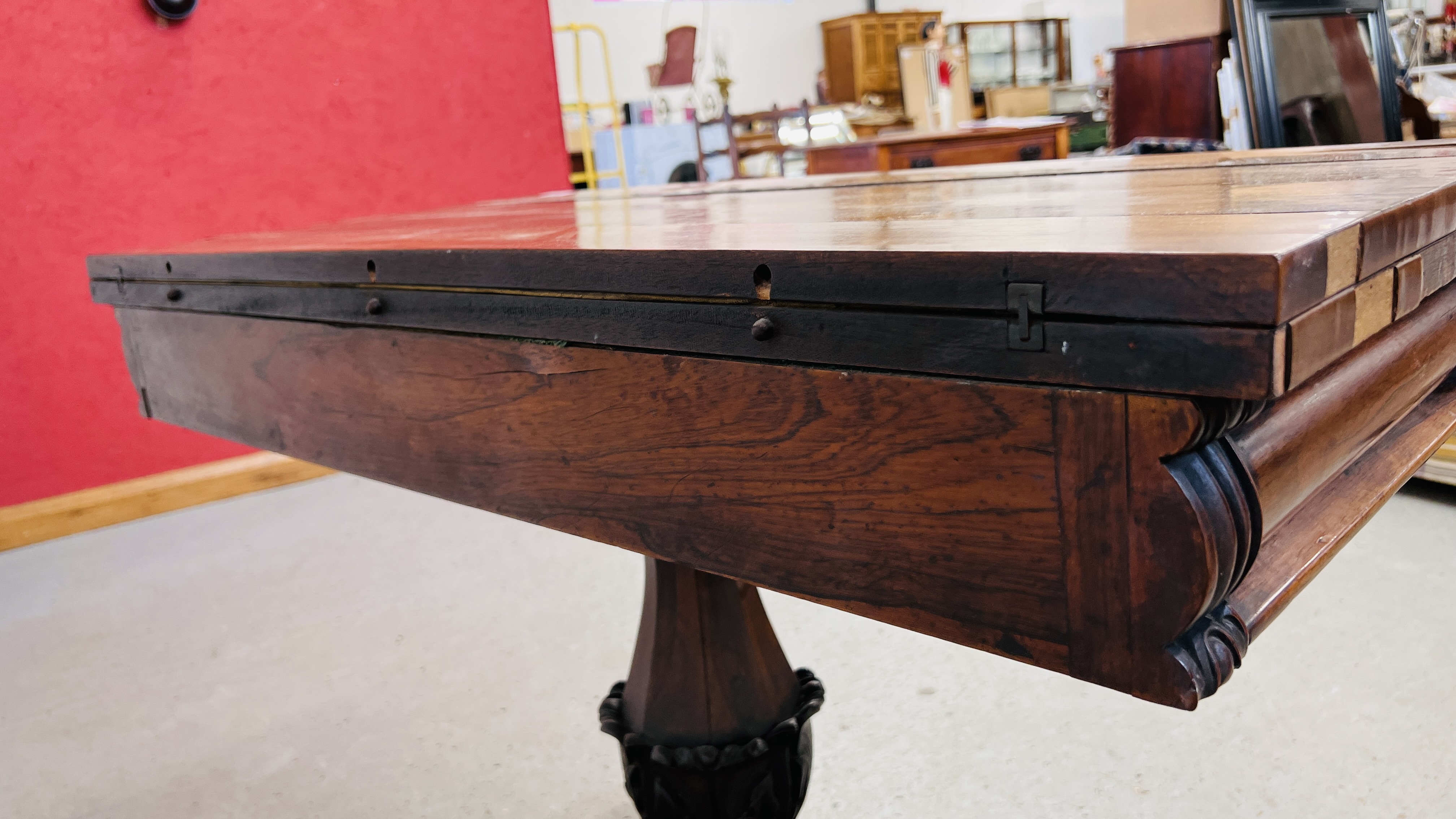 ANTIQUE ROSEWOOD FINISH FOLDING CARD TABLE WITH SCROLLED FEET AND CARVED DETAILING ON SINGLE - Image 10 of 16