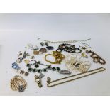 BOX OF ASSORTED COSTUME JEWELLERY TO INCLUDE BROOCHES AND BEADS, PEWTER BROOCH ETC.