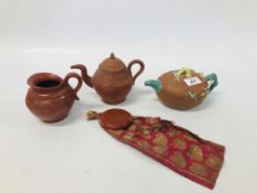 THREE ORIENTAL RED WARE TEA POTS AND JUG + ORIENTAL SEAL ON SILK ROBE.