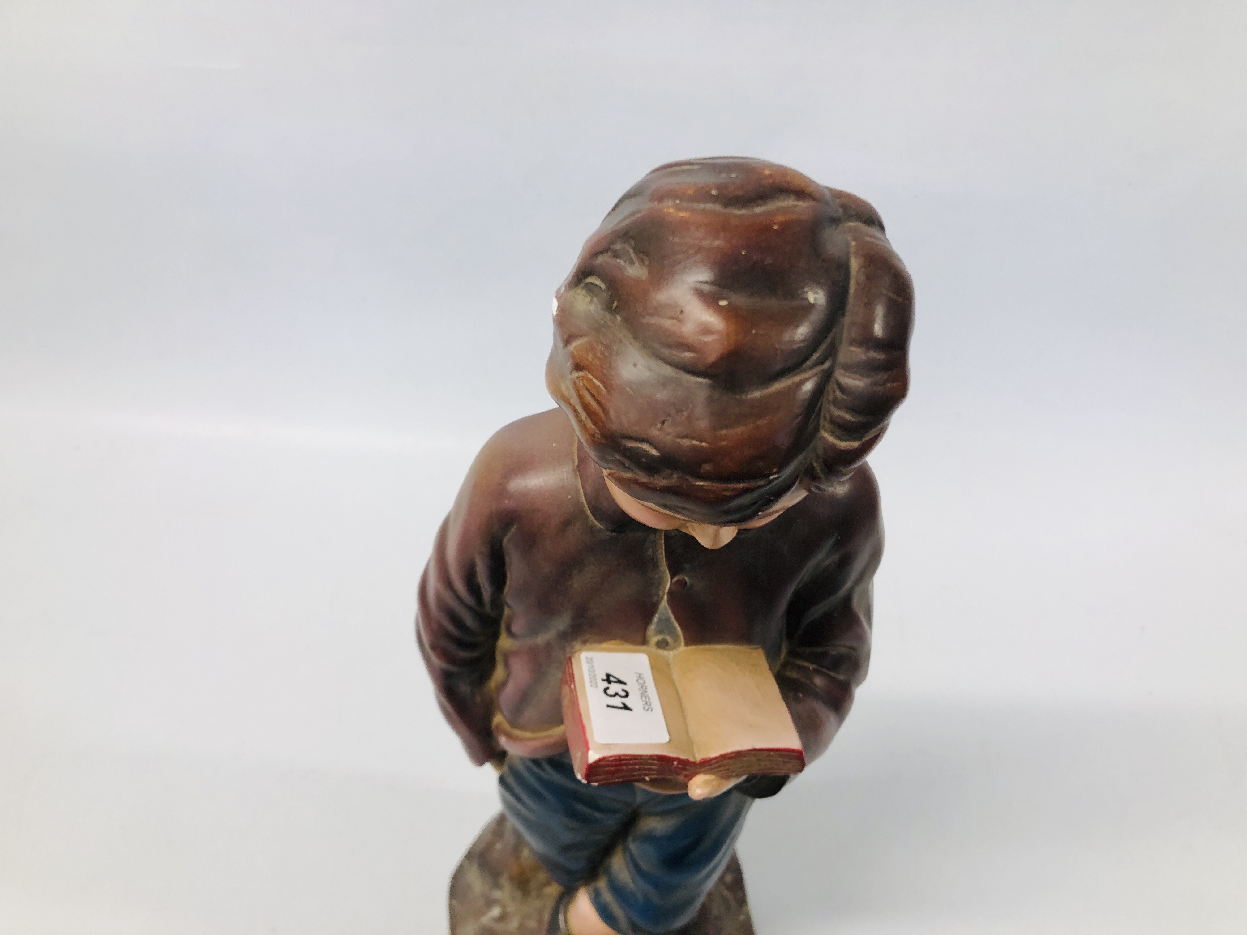 A VINTAGE POLYCHROME PLASTER STUDY OF A YOUNG BOY READING "INTERIORS No 12" HEIGHT 50CM. - Image 3 of 7